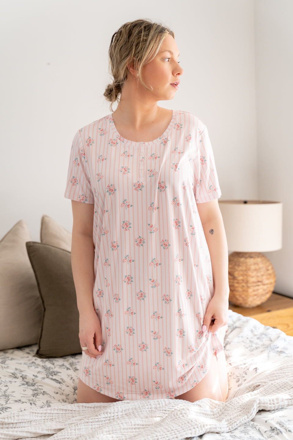 Powder Pink Henley Short Sleeve Sleep Nightshirt