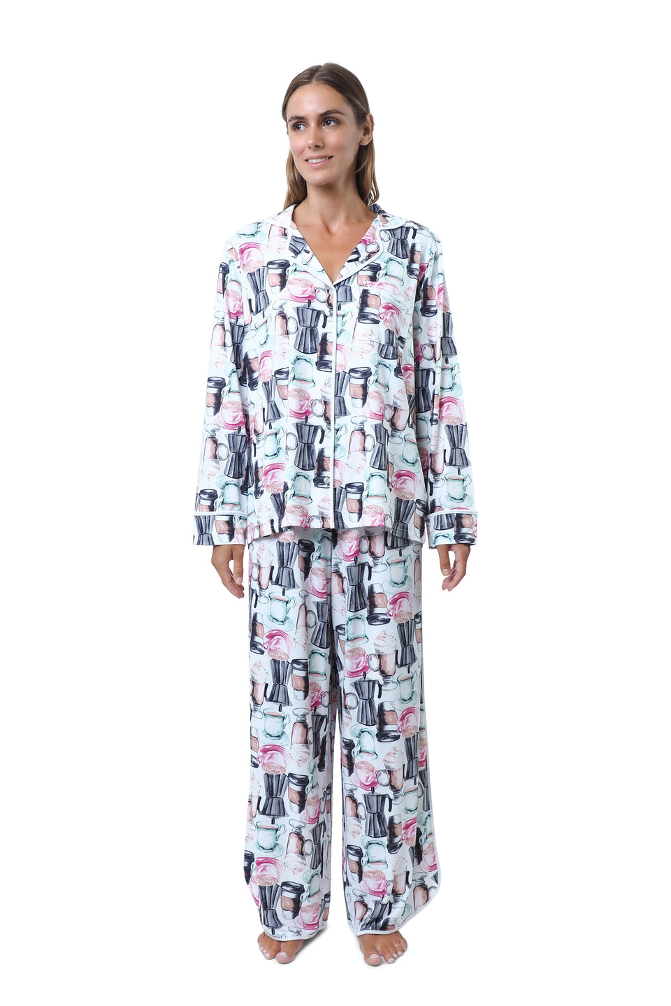 Cloud Dancer Coffee Print Notched Collar PJ Set