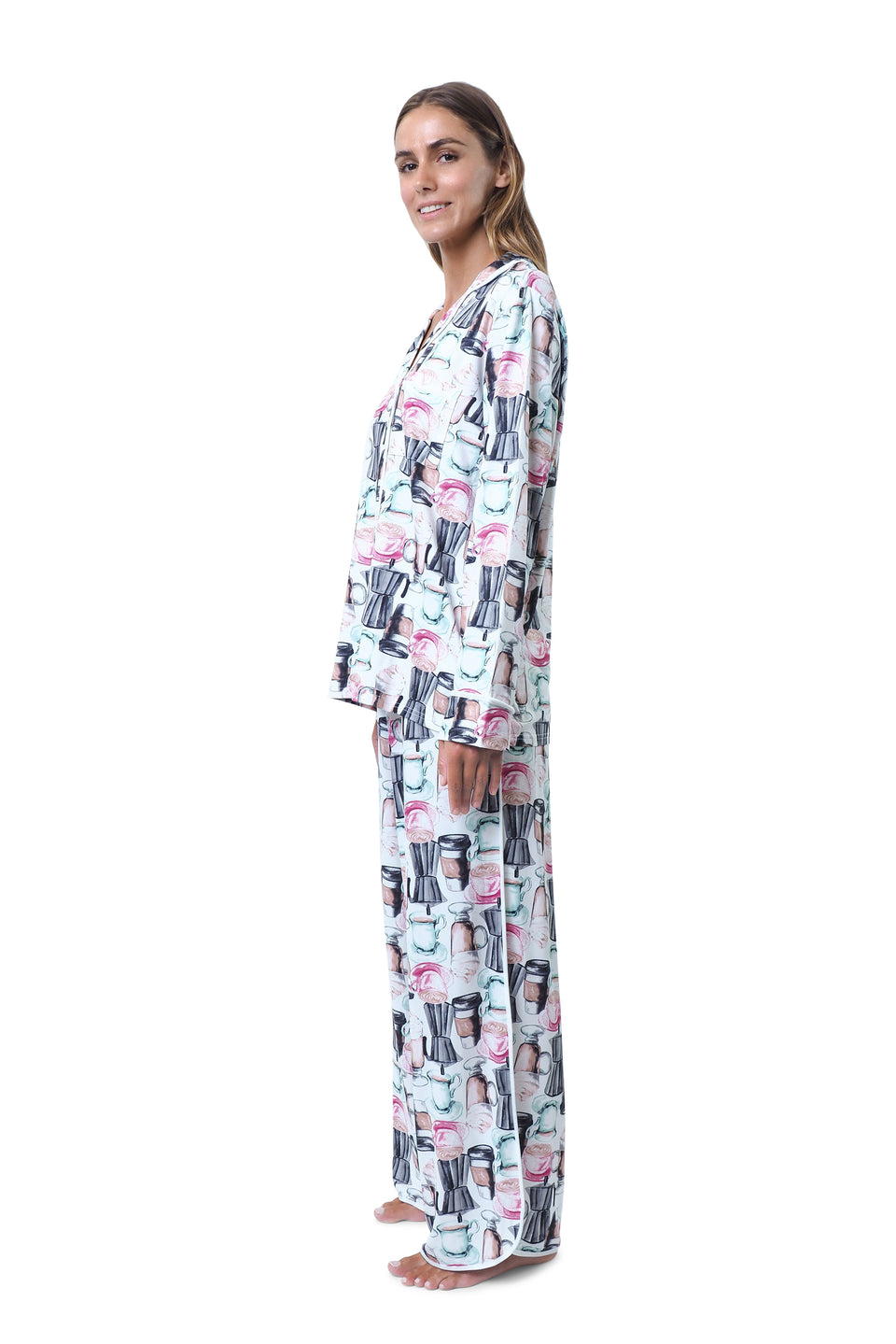 Cloud Dancer Coffee Print Notched Collar PJ Set