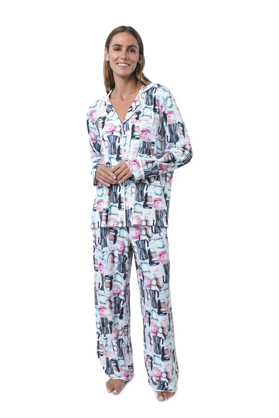 Cloud Dancer Coffee Print Notched Collar PJ Set