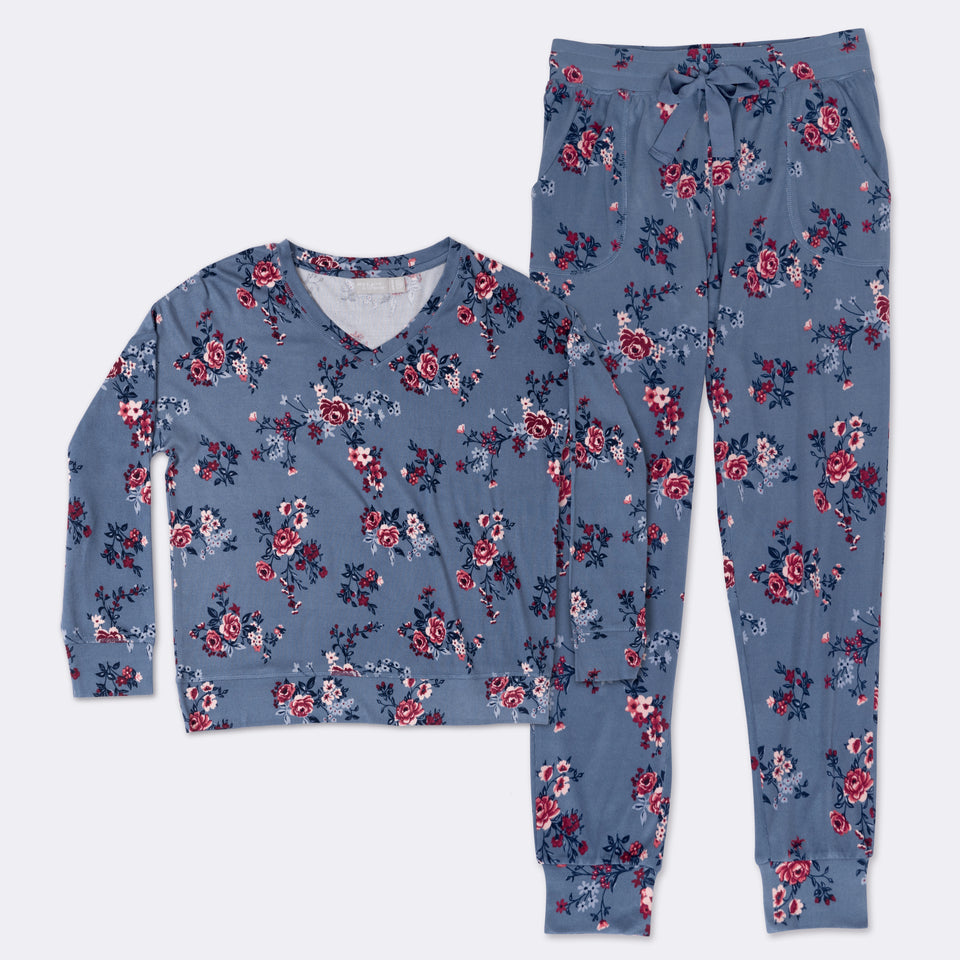 Ladies' 2-PC Blue Floral Super Soft Pajama Set